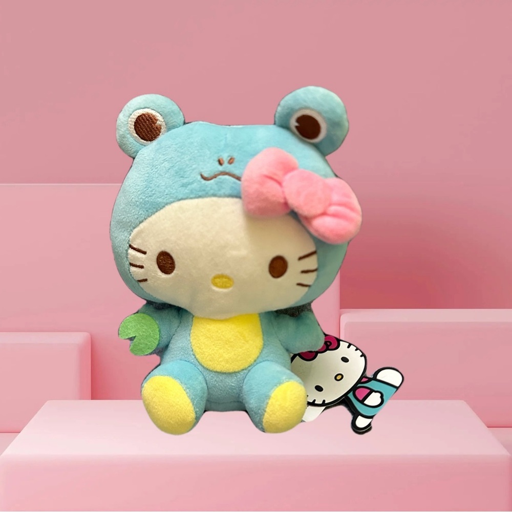 Hello Kitty  Kawaii Frog Blue and Yellow Plush with Pink Bow